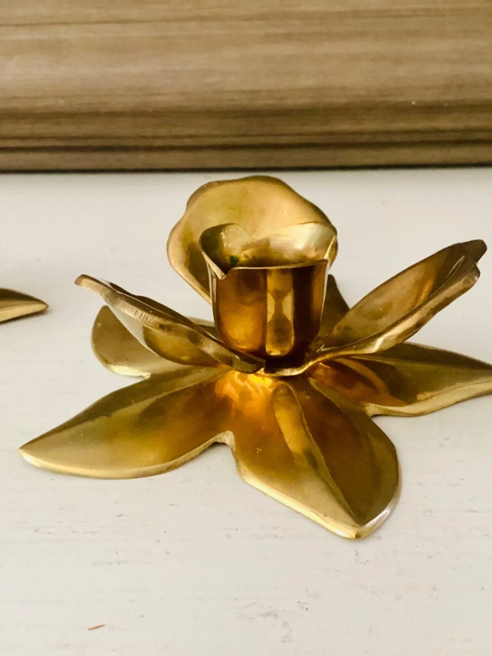 Set of 2 Solid Brass Lotus Flowers Taper Candle Holders MCM Vintage Decor Metal
